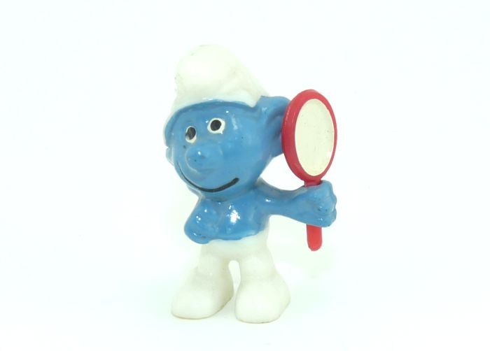 Eitelkeitsschlumpf mit bemalter Spiegelfläche und dünnem Griff (Serie: Erkennst Du Deinen Schlumpf)