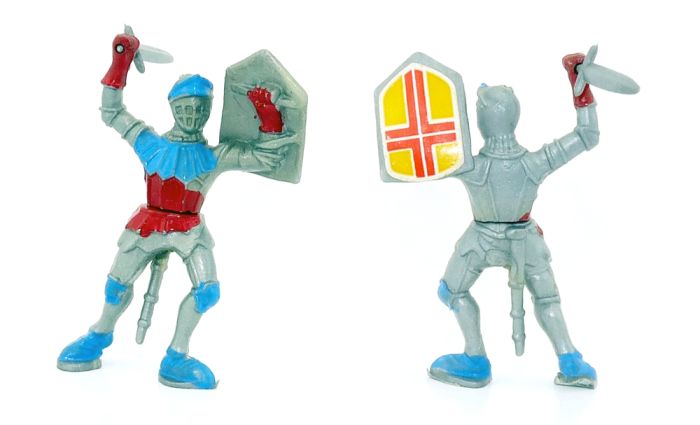 Ritter in blau-rot mit Schwert, Schild und Aufkleber von 1978