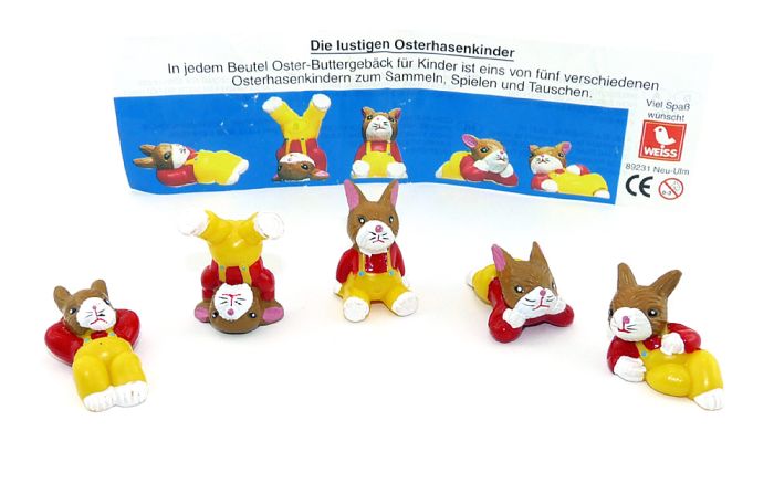Die lustigen Osterhasenkinder.  5 Hasenfiguren und ein Beipackzettel von der Firma WEISS