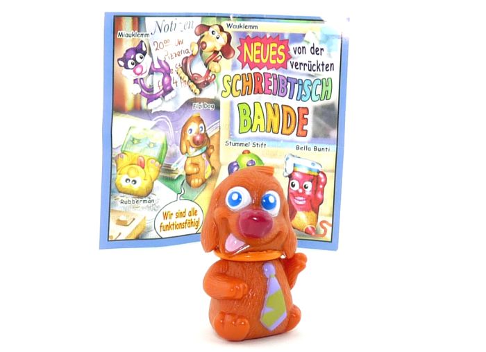 Filzi Dog mit orange Halsband und Beipackzettel (Schreibtischbande 2004)
