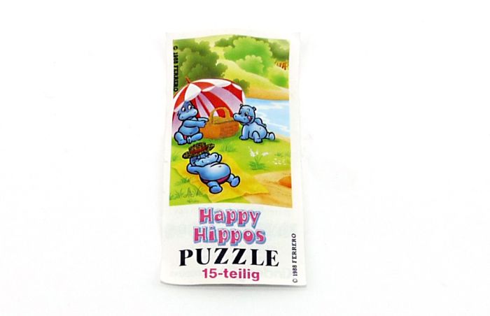 Beipackzettel von der Puzzlecke oben links von den Happy Hippos 1988