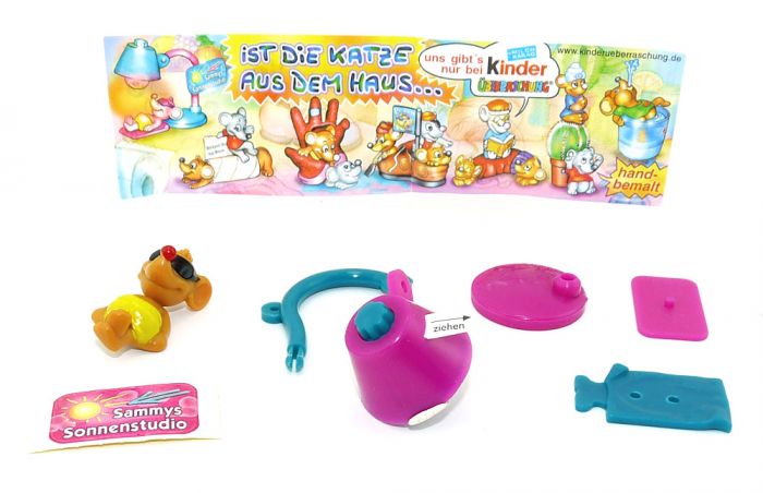 Sammys Sonnenstudios mit roten Aufkleber auf Folie und Lasche, wo "ziehen" drauf steht (Variante)