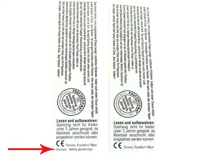 Varianten Beipackzettel vom Cluburlaub mit dem Aufdruck "Helme abnehmbar"