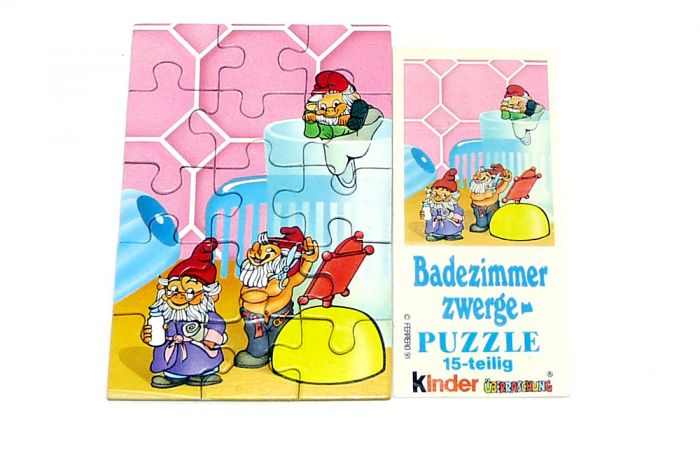 Puzzleecke oben rechts von den Badezimmerzwergen mit Beipackzettel (15 Teile Puzzle)