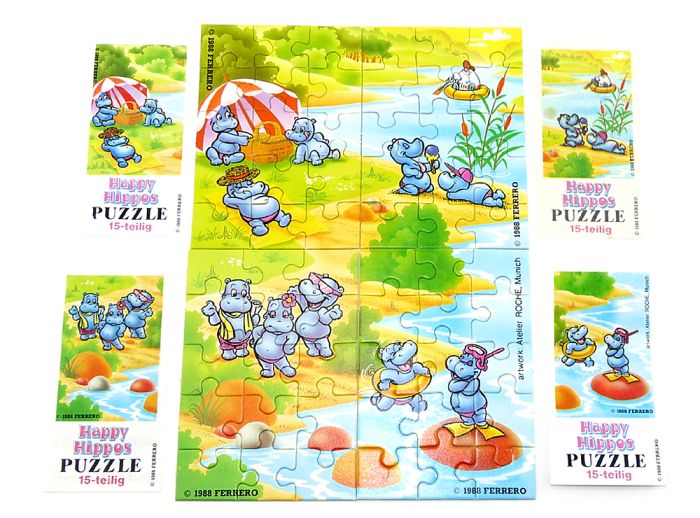 Komplettpuzzle der ersten Happy Hippos von 1988 mit vier Beipackzettel in Top Zustand