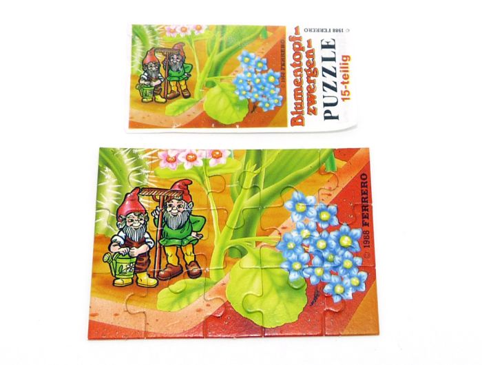 Puzzleecke oben links von den Blumentopfzwergen 1988 mit Beipackzettel
