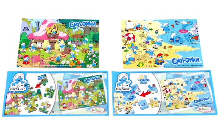 Zwei Puzzle der Schlümpfe aus Spielzeugsatz mit 2 Beipackzetteln (CMYPONK)