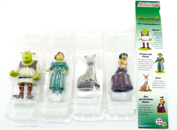 4 Shrek Figuren aus Gummi.  Fiona, Esel, Shrek und der Gestiefelte Kater [Firma blend-a-med] OVP