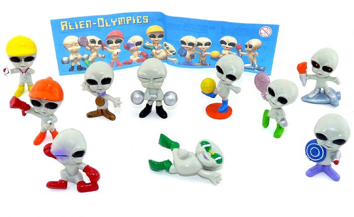 Figurenset der Alien Olympics aus grauem Material + Beipackzettel (10 Alienenfiguren)