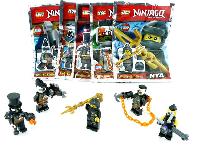 LEGO Ninjago 5er Set mit Schurken Figuren Nya, Sawyer, Talon, Jet Jack und Böser Eisen Baron mit Waffen … 