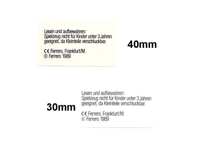 Alter Sicheheitshinweis aus dem Überraschungsei. Lesen und aufbewahren....1989. Länge des Zettels 40mm