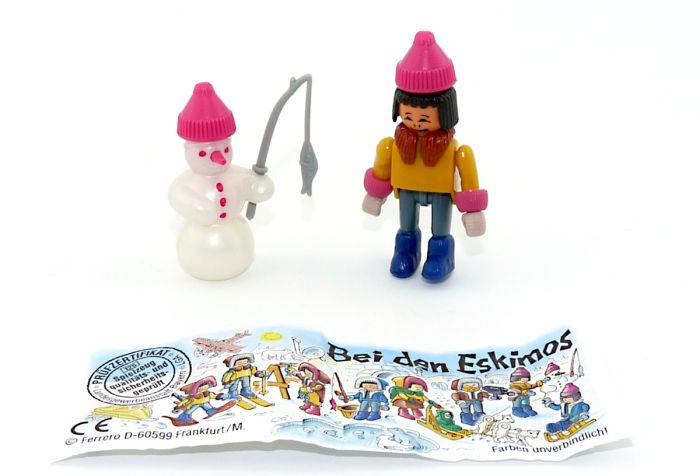 Junge mit Schneemann als Steckfigur aus dem Satz "Bei den Eskimos" von 1994 mit Beipackzettel