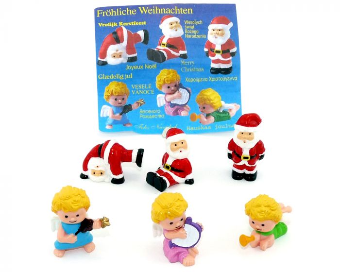 Fröhliche Weihnachten. 3 Engel und 3 Weihnachtsmänner mit Serienzettel von Firma Onken