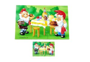 Zunft der Zwerge Puzzleecke mit Beipackzettel aus Europa. Motiv: Wirt Tafelschmaus und Bäcker Zuckersüß