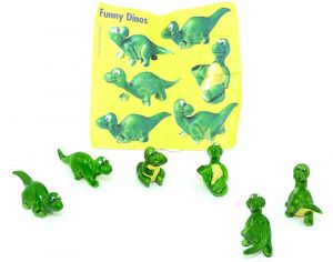 Funny Dinos Figuren. Alle 6 Figuren der Serie und ein Beipackzettel dazu von Firma Onken