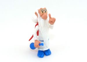 Miraculix mit blauer Zaubertrank Flasche und erhobenem Zeigefinger als EU Steckfigur