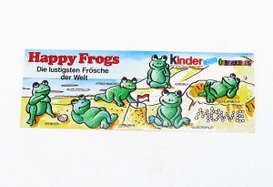 MÖWE Beipackzettel mit 6 Happy Frogs Figuren. Sehr selten und eine Ü-Eierer Rarität in Top Zustand