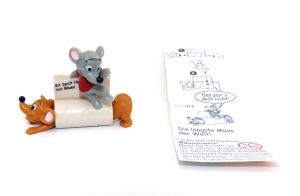 Variante der Figur "längste Maus der Welt" mit dem Aufdruck "mit Speck fängt man Mäuse!" + Beipackzettel