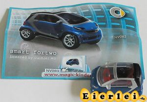 Smart in blau von 2008 mit Beipackzettel als Automodell Maßstab 1:87