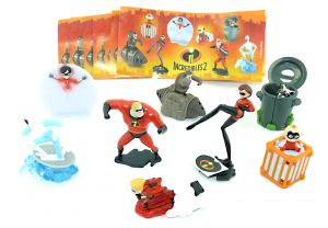 Figurensatz von den Incredibles 2. Alle 7 Figuren der Serie und deren Beipackzettel