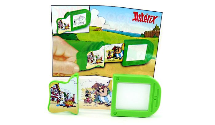 Schiebebild von Asterix und Obelix mit Beipackzettel